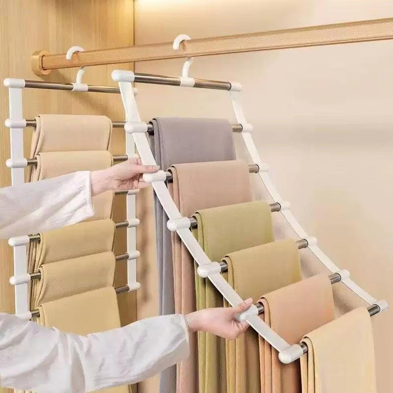 Multi-Layer Pants Hanger Space Saving 4/6 Layers Foldable Trousers Clothes Rack Ladder Hangers Wardrobe Storage Non Slip Clips