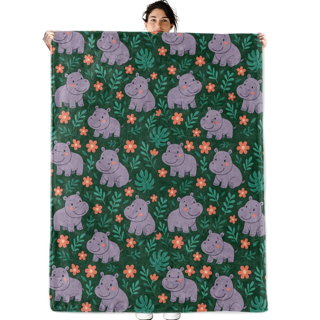 Lovely Hippo Throw Blanket Cute Cartoon Flannel Blanket for Couch Bed Travel Outdoor Home Decor Warm Fuzzy Blanket for Boys Girl