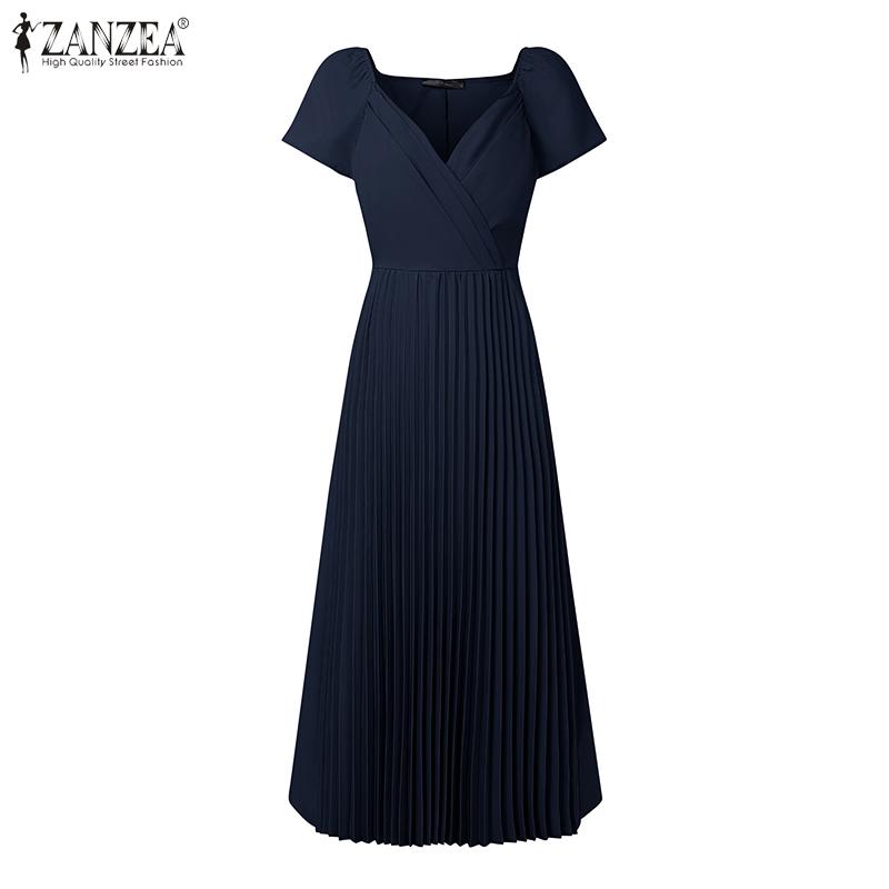 

ZANZEA Elegant Women V Neck Short Sleeve Slim Waist Casual Pleated Midi Office Dress 5XL темно-синий
