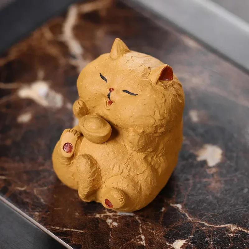 Chinese Yixing Purple Clay Sculpture Tea Pet Cute Lucky Cat Statue Decor Tea Figurine Desktop Ornaments  Tea Set Decoration