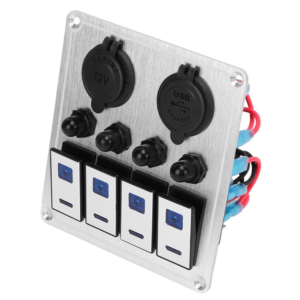 4 Gang Rocker Switch Panel Waterproof Marine Boat Toggle Switch Panel Silver Oxide On Off with Double Blue Light