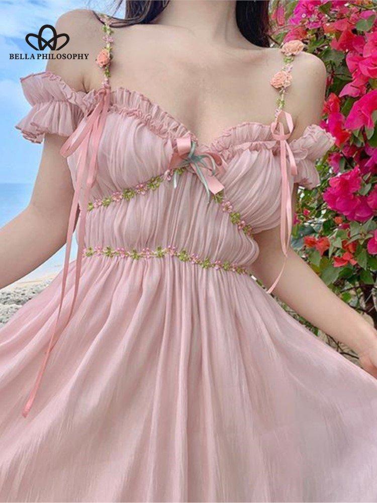 

Розовое милое платье на бретельках, летние женские элегантные вечерние платья с v-образным вырезом и бантом, цветочные сказочные платья, женские сексуальные шикарные праздничные платья с открытыми плечами L розовый