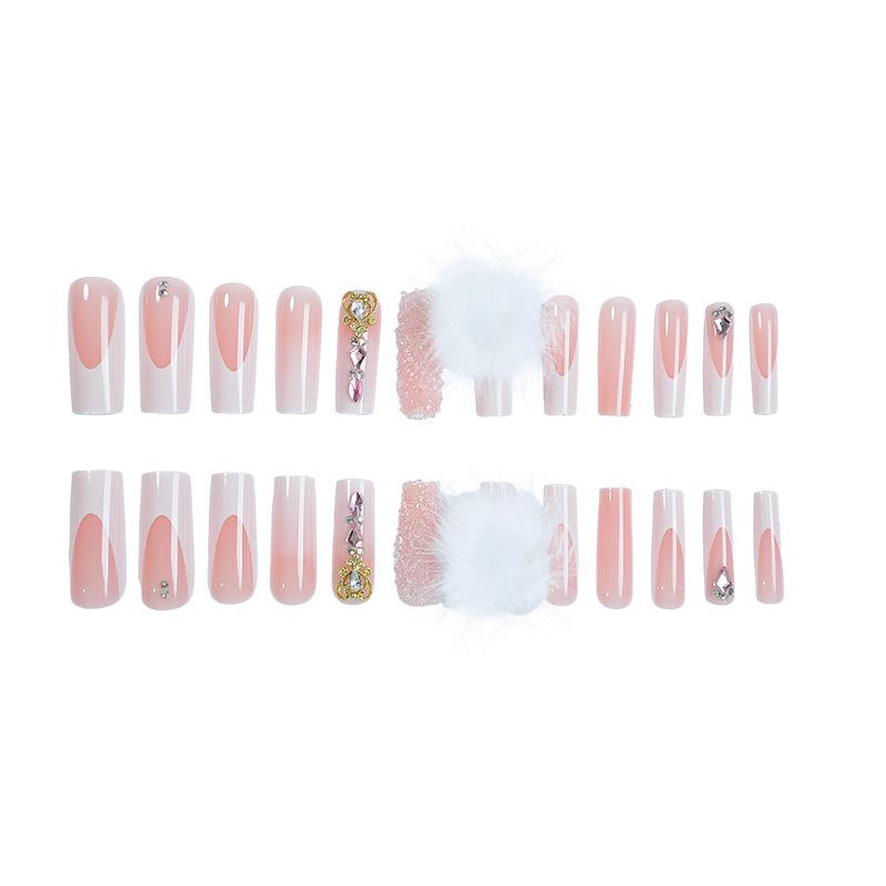 

European & American Extra Long Gradient Fake Nails with Pompon & Rhinestones