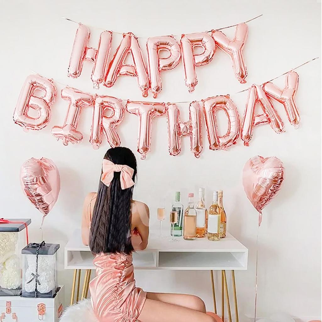 34pcs Rose Gold Birthday Party Decorations Including Tassel Curtains, Happy Birthday Balloons, Love Heart Aluminum Film Balloons