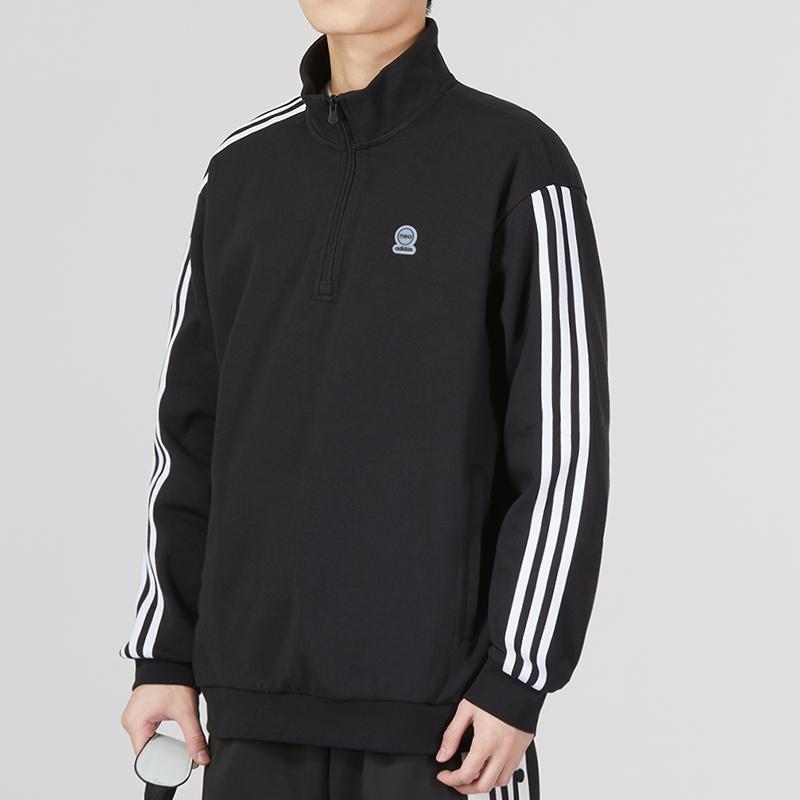 Adidas Essential Sweat Stripe Print Casual Half-Zip Sweatshirt Men Tops Black IK5431