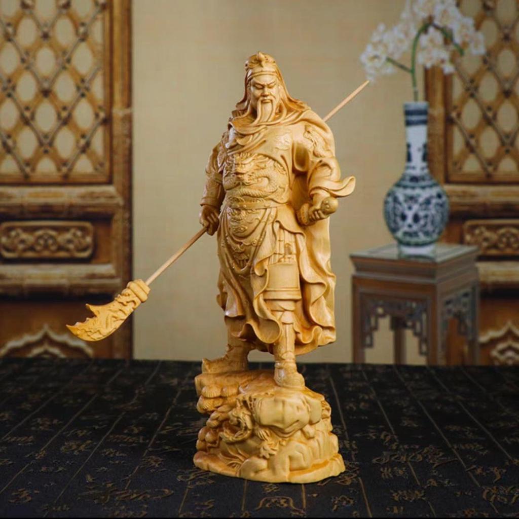 Small-Leaf Boxwood Carving: Mighty Guan Gong Ornament, Scenic Spot Style