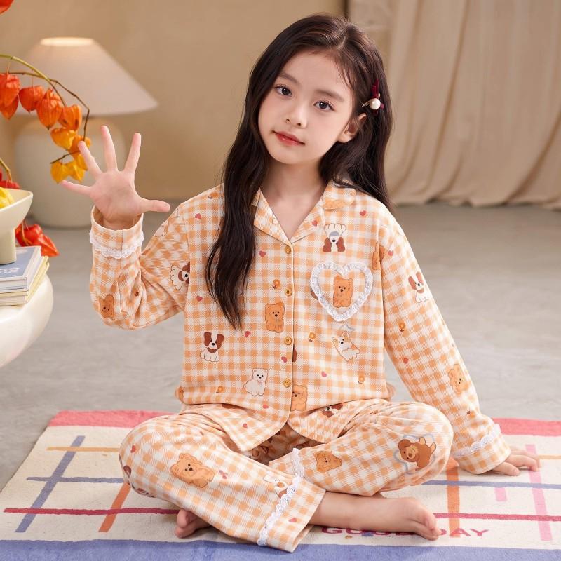 100% Cotton Girls Pajama Set Long Sleeve Cartoon Print Sleepwear Open Front Robe Style Fall
