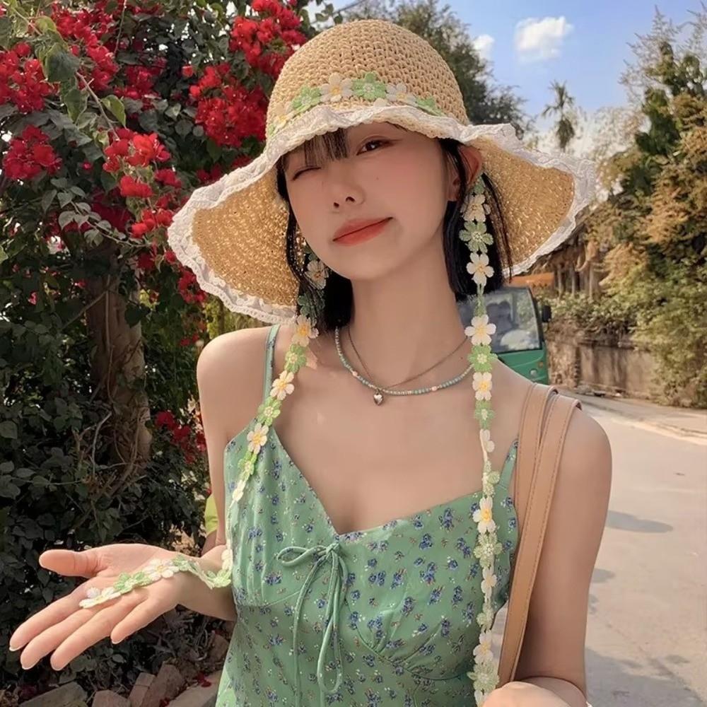 Wide Brim Women Visor Bucket Hat Breathable Beach Hat Flower Straw Hat  Seaside Vacation