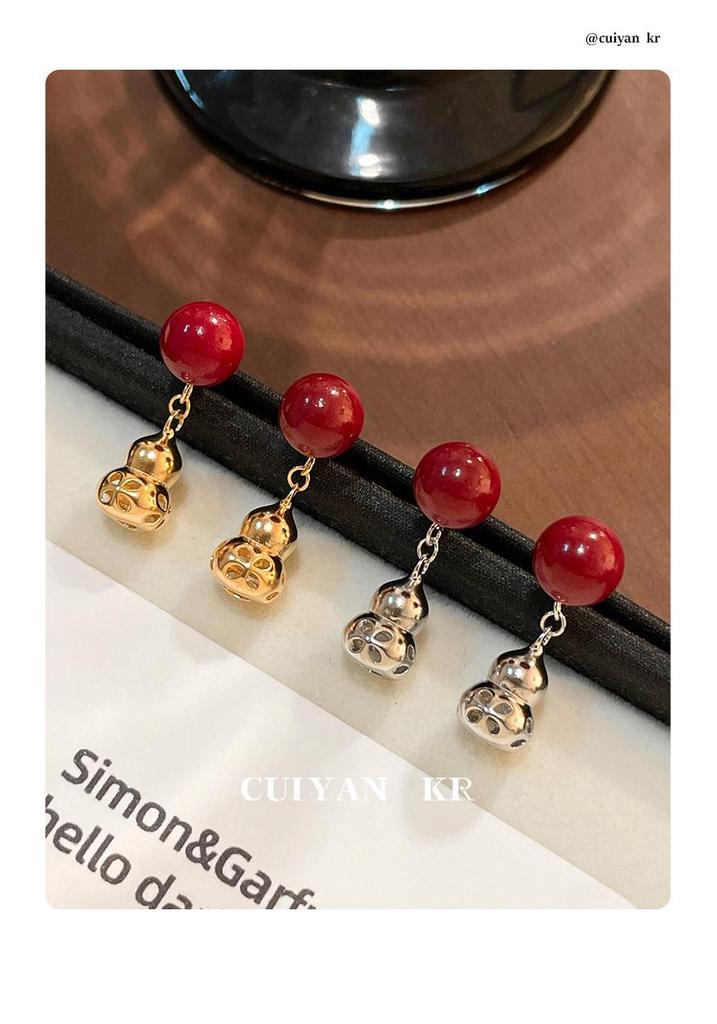 Cui Yan S925 Sterling Silver Chinese Style Red Cinnabar Gourd Stud Earrings for Women - New Year Edition