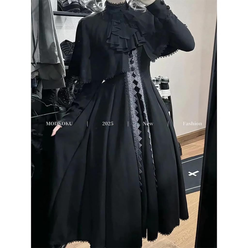 MODKOKU Gothic Lolita Dress with Ribbon and Lace Gothic Lolita Girly Long XL Cape-Style Dress, Women's Waistband, Ruffles, Long, Dress, Dreamy, Cute,