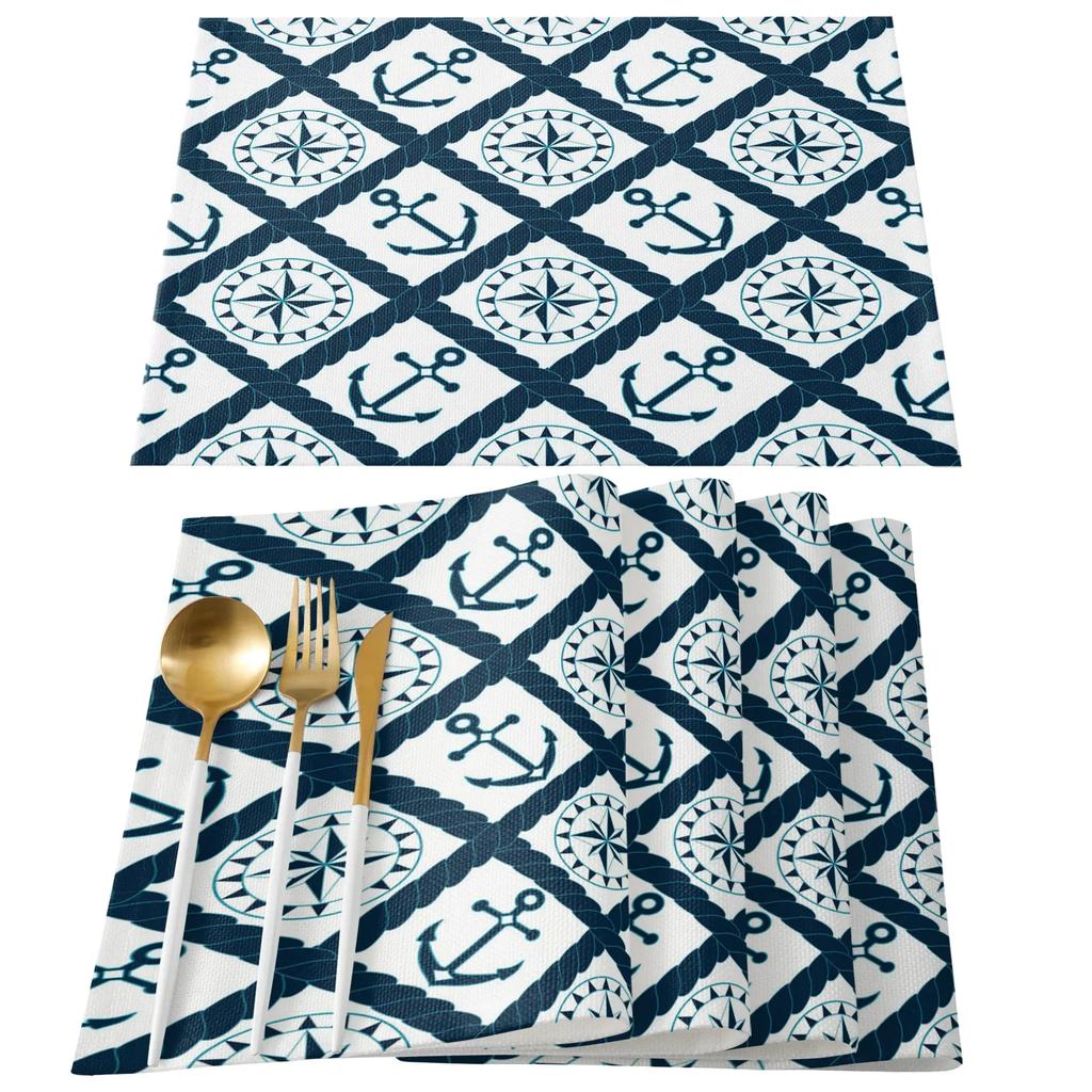 Nautisch Placematten Set, Anker Tafelmatten Wasbaar Zomer Kust Print Placemat voor Vakantie Banket Eetkamer Keukentafel Decor