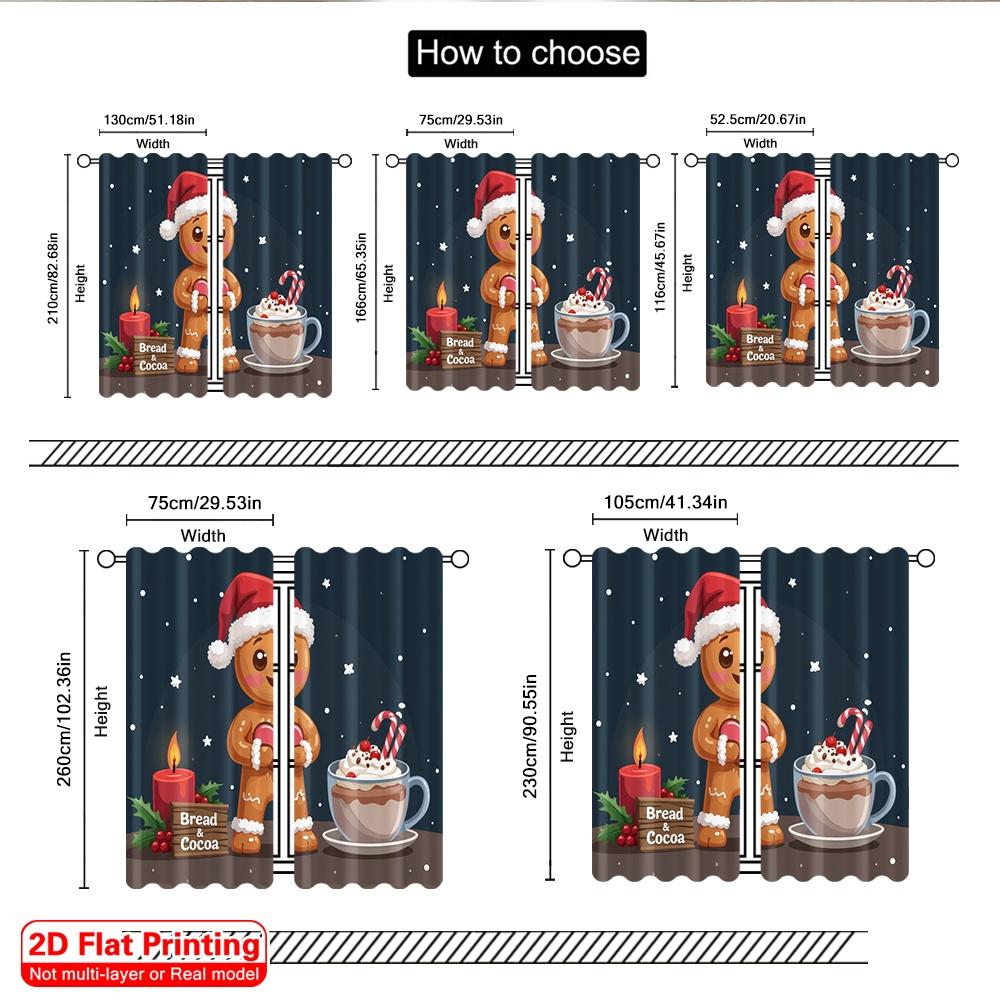 2pcs 2D flat printing Merry Christmas Popular Curtains Gingerbread man with hot cocoa and candle Polyester Without Electricity