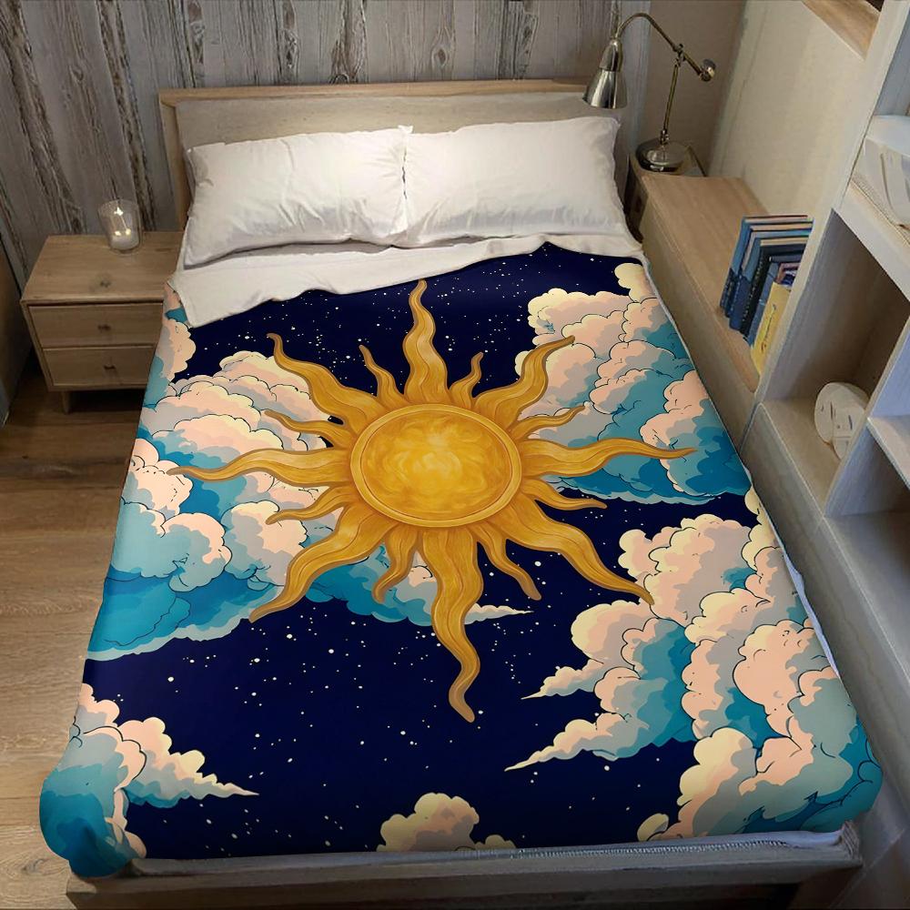Golden Sun in Clouds Flannel Blanket Warm Soft Halloween Christmas Couch Warm Cozy Decorative Decor Gift for All Season