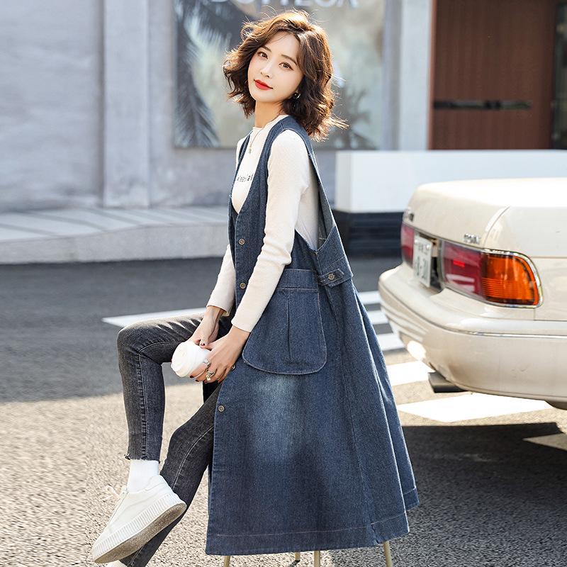 Women's Mid-Length Denim Vest Dress - 2022 Trendy Korean Style with Large Pockets for Spring and Autumn