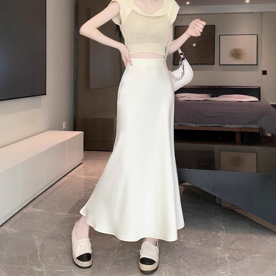Women's Plain Satin Skirt High-Waist Solid Color Mid-Length Korean Style