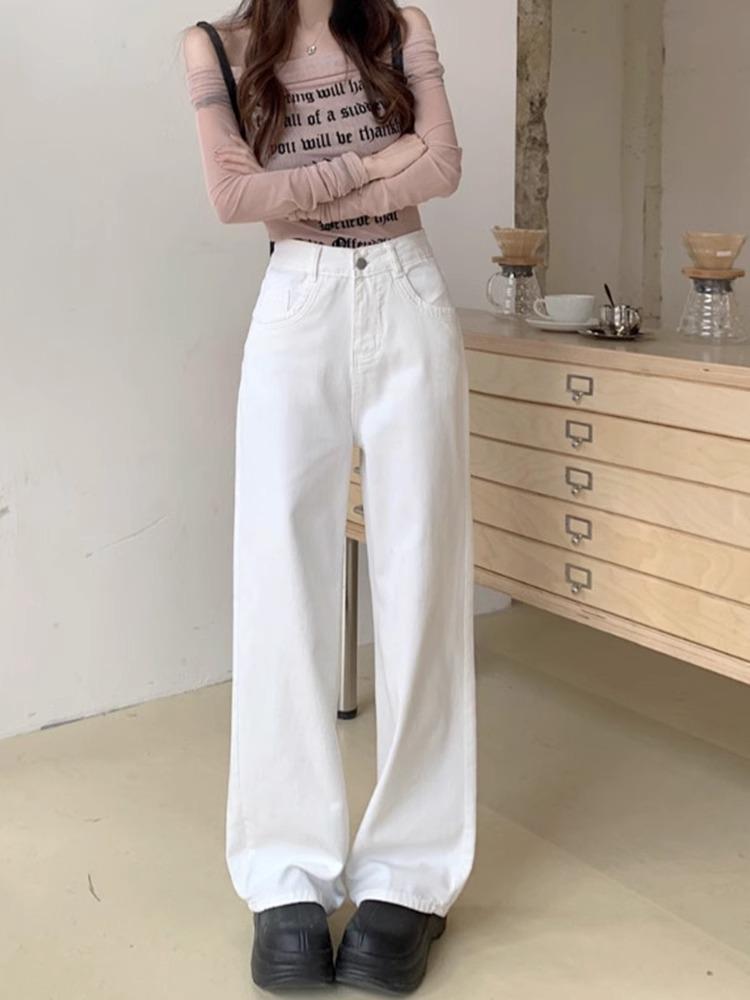 White Plus Size Straight Leg Jeans for Women - Spring/Autumn New Arrival, Pear Shaped Fit, Loose, Slimming, Wide Leg, Floor Length Pants