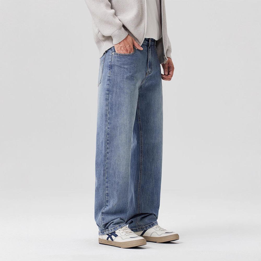 Street style handsome men's elastic denim commuting comfortable loose straight pants wide leg drape trendy jeans