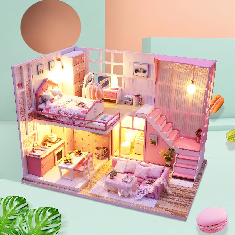 New Creative Villa Model Hut, Wooden Diy Hut Hand-Assembled Toy Gift Light Pink Time Loft