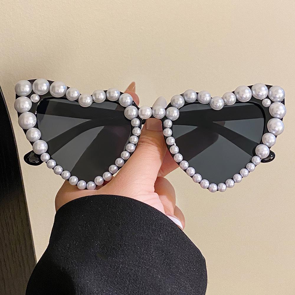 Heart-Shaped Exaggerated Party Sunglasses with Pearls - Handmade Fashion for Women