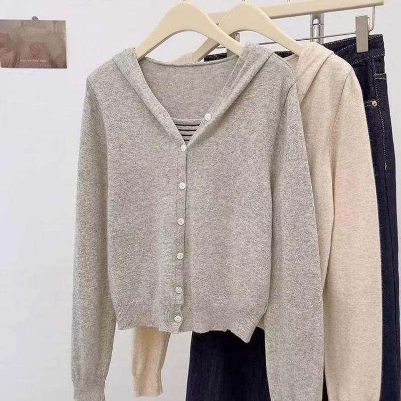 

Поддельный двухпредметный контрастный полосатый вязаный свитер с капюшоном и длинными рукавами, повседневный, ретро, свободный и тонкий топ XL серый