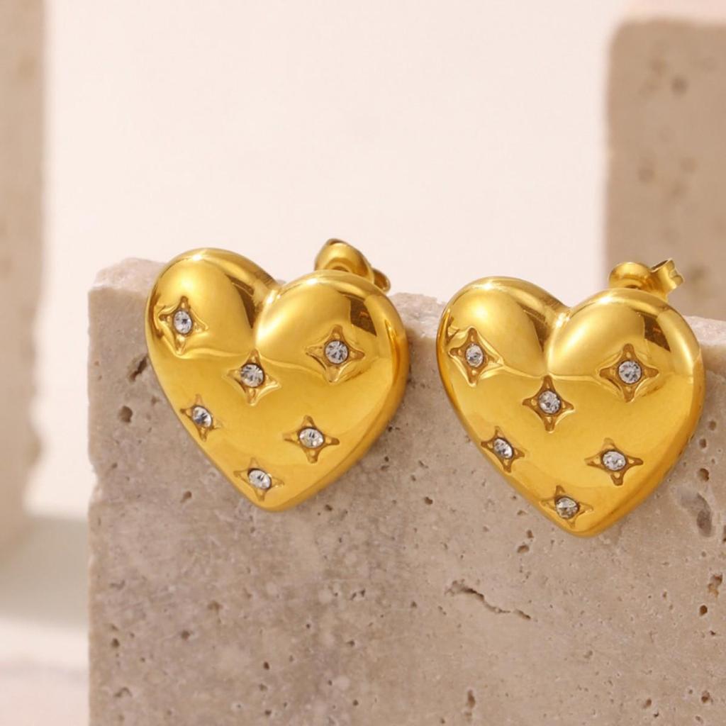 Orecchini a Bottone a Forma di Cuore con Strass Qiong Yao - Accessori in Acciaio Inossidabile Placcato Oro 18K