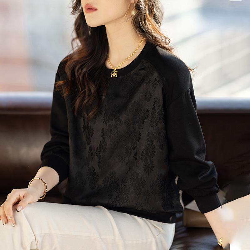 

Жаккардовый свитшот с круглым вырезом для женщин, весенний, новый свободный повседневный белый универсальный пуловер с длинными рукавами 4XL чёрный