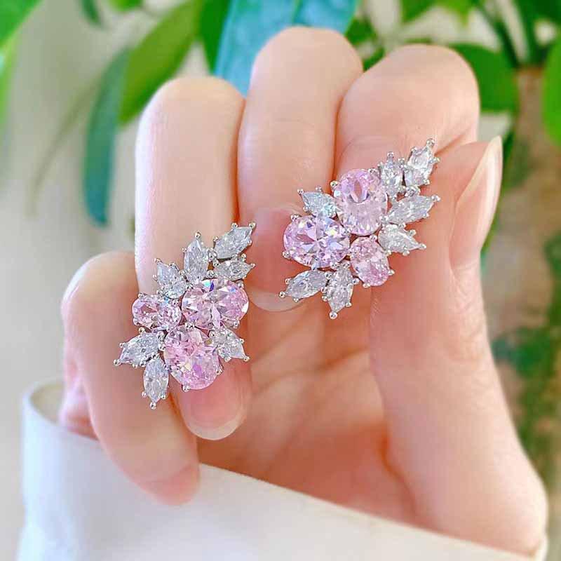 Cherry Blossom Pink Diamond Flower Stud Earrings - Sweet High-End Design for Women