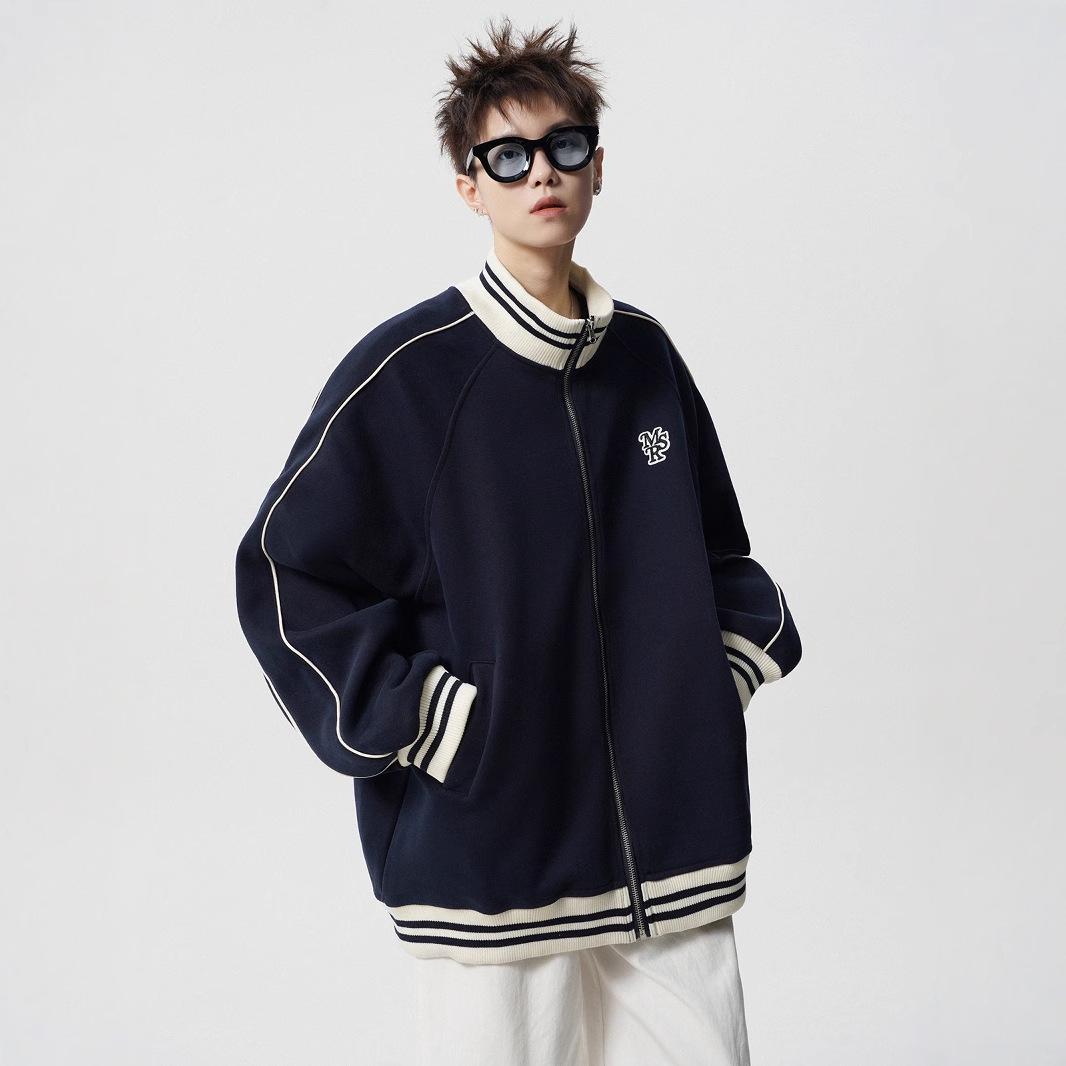 Men s Striped Heavyweight Embroidered Baseball Jacket - Retro College Style Winter Hoodie Outerwear L