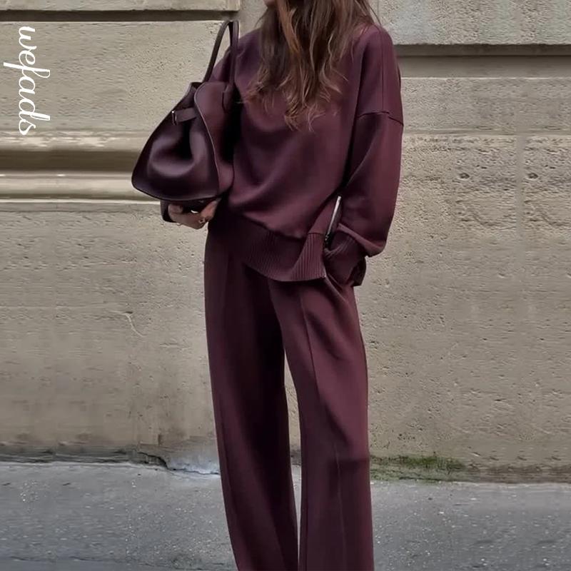 

Women Autumn 2 Piece Set Newest Casual Simple Solid Long Sleeve Turtleneck Pullover Top Loose Wide Legs Pants Sets XS вина червоного кольору