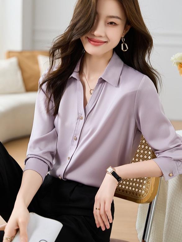 2026 Spring Women's Satin Long Sleeve Shirt with Metal Buckle – Elegant, Slimming Chiffon Design