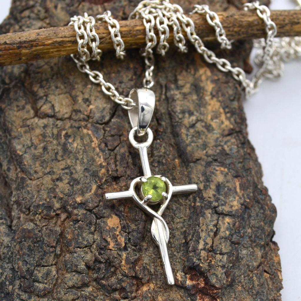 Peridot Edelstein Kreuz Anhänger 925 Sterling Silber Schmuck handgemachte Halskette