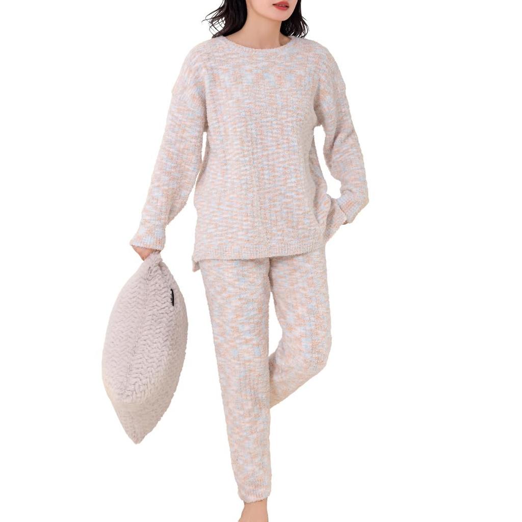 DAYCLOSET Long Sleeve Loungewear Feather Knit Pajamas with Ribbed Thick Belly roomwear207 Beige x Women's Set, Knit, Warmer, Fall/Winter, (JP,