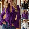 Chemise pour femme Printemps Été Col en V Volants Évasée Manches Longues Hauts Décontractés Couleur Unie Bureau