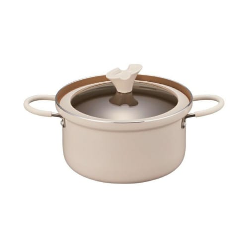 Evercook 20cm Double-Handled Pot, Induction and Gas Compatible, 500-Day Charcoal Safe, with Glass Lid, Non-Stick, Curry and Stew, Ivory, by Doshisha