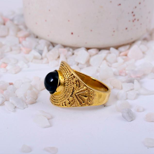 Black Onyx Brass Ring, Wide Band Statement Jewelry, Rustic Tribal Gemstone Ring, Protective Stone Boho Gift, Unisex Cocktail Ring