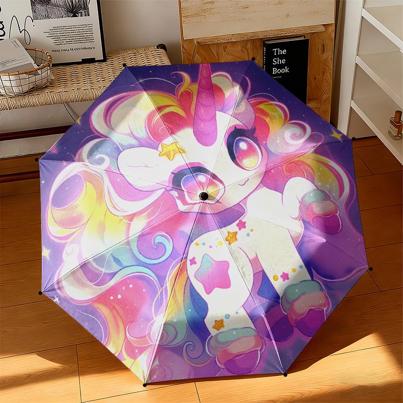 1pc Cartoon cute fantasy unicorn Umbrella Portable Folding Umbrella Iron Frame Hole Bone Structure Outdoor Home Umbrella