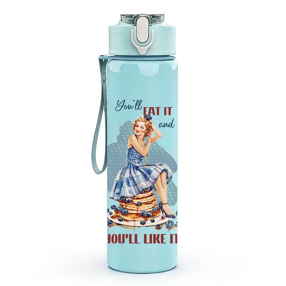 1PC Retro Vintage Lady Art Pattern 750ml Color Plastic Sports Water Bottle Leakproof Flip Straw Lid Suitable for Sports Office Home Use