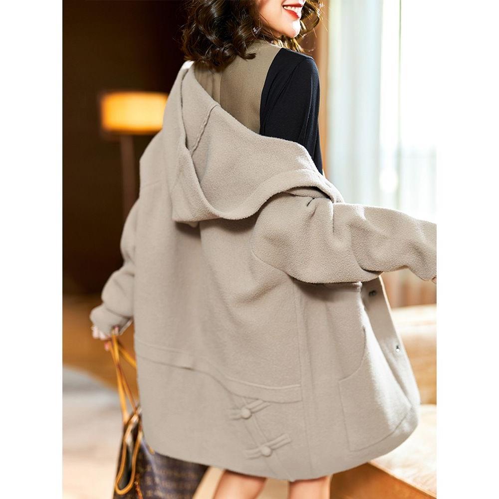 Dámský vlněný kabát střední délky s kapucí - Jednobarevný, Všestranný, Zeštíhlující, Ležérní, Jaro 2023