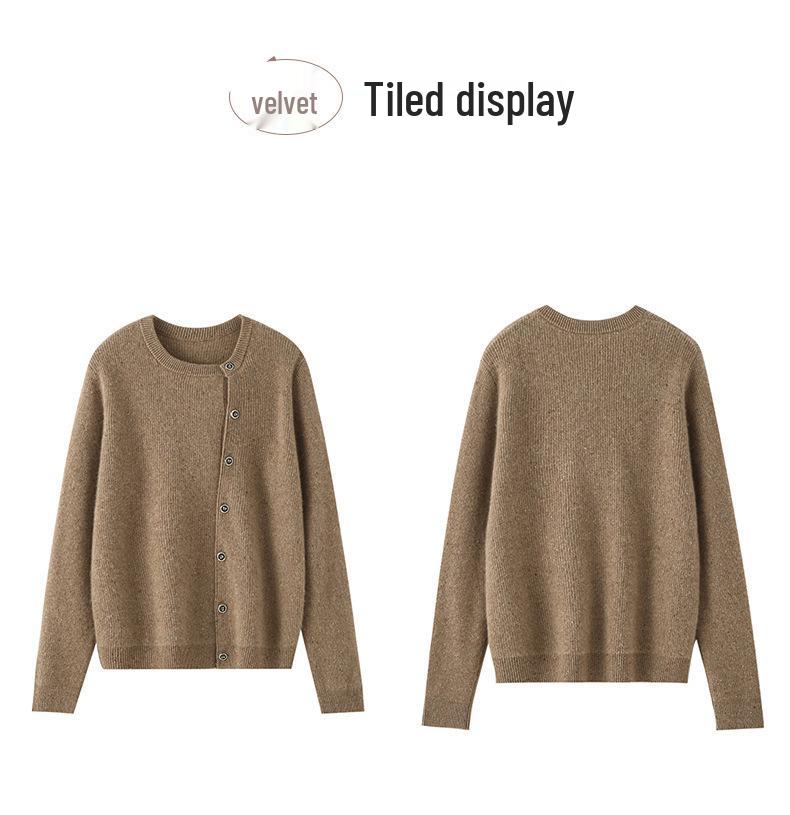 2025 Autumn/Winter Women's Thickened Cashmere Cardigan - Round Neck, Speckled Yarn, Slanted Buttons, Long Sleeve Wool Knit Sweater Coat