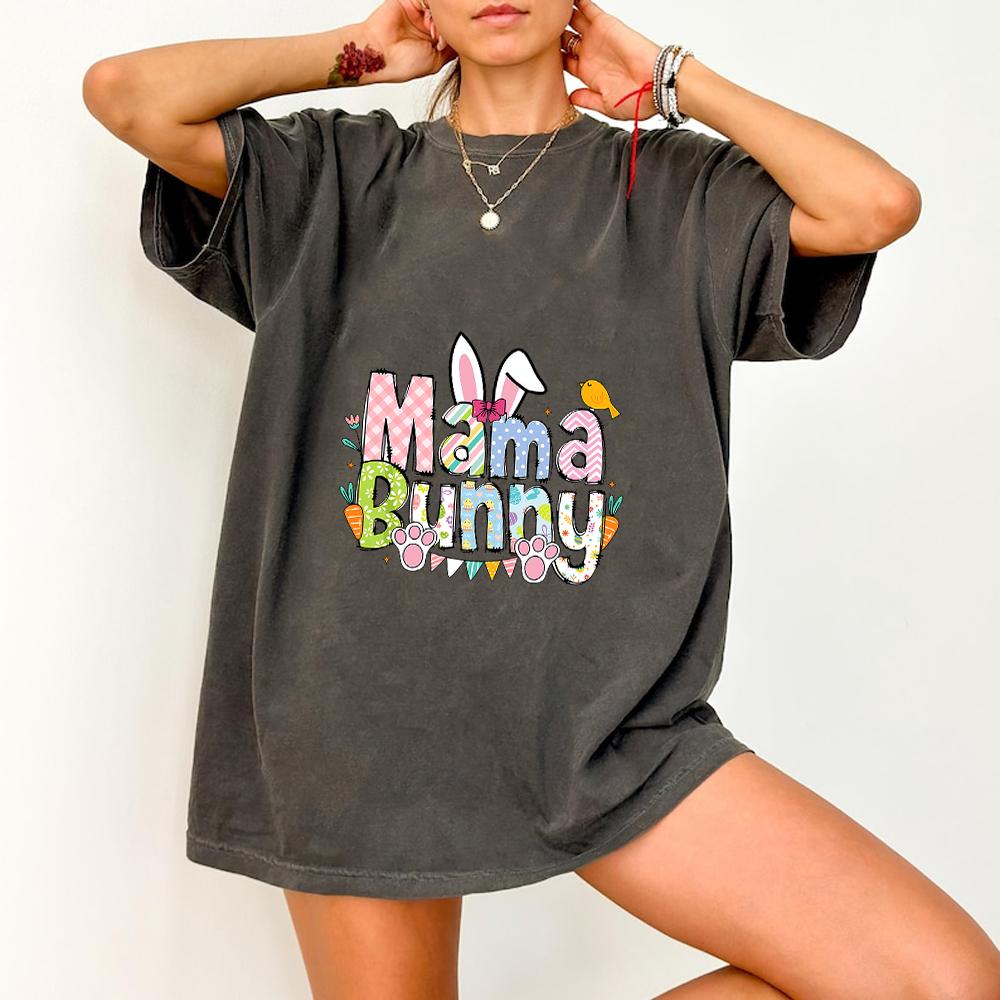 Easter Mama Bunny Oversized T-Shirt Washed Cotton Casual Tee Cute Mama Bunny Graphic Top Women Women Clothing S