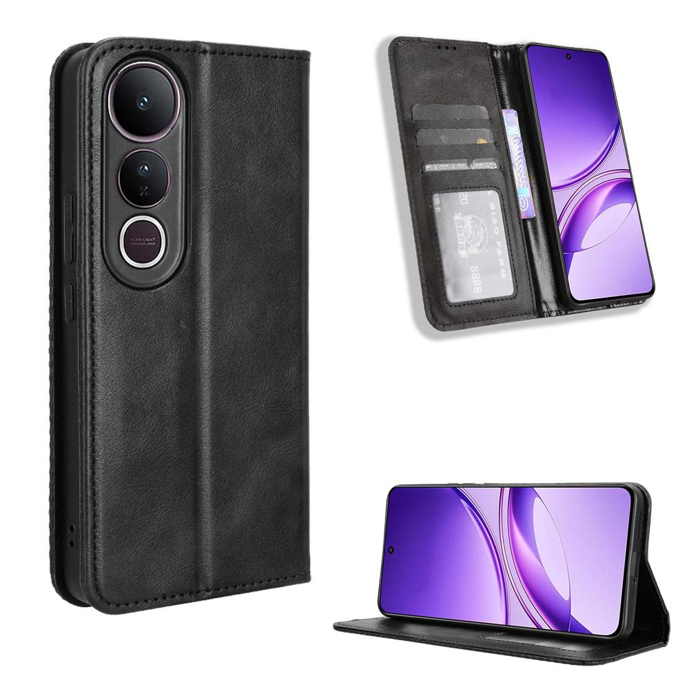 

For vivo V50 Lite 4G/vivo V50 Lite 5G Retro PU Leather Case Phone Wallet Stand Cover Black