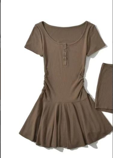 Gray U-neck short-sleeve dress for women, summer petite pleated waist-cinching A-line skirt, spicy girl short skirt, waist-cinching skirt