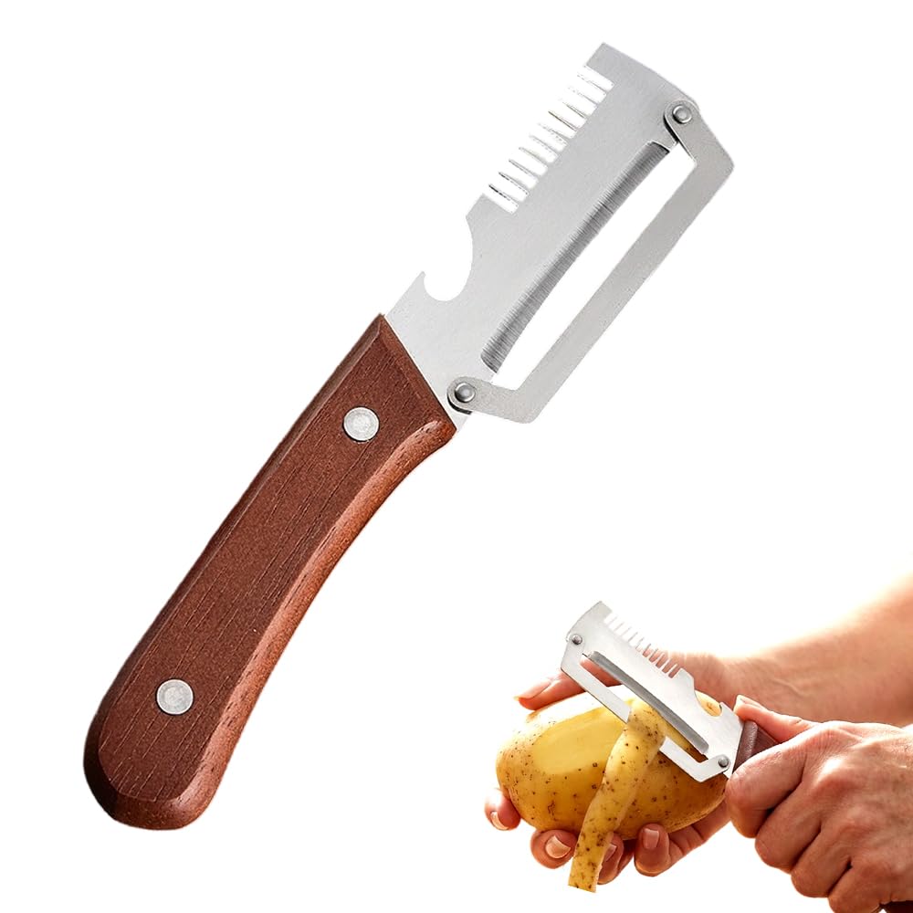 Multi-functional kitchen peeler, 2026 upgraded stainless steel peeler, durable wooden handle peeler, professional tool for home kitchens.
