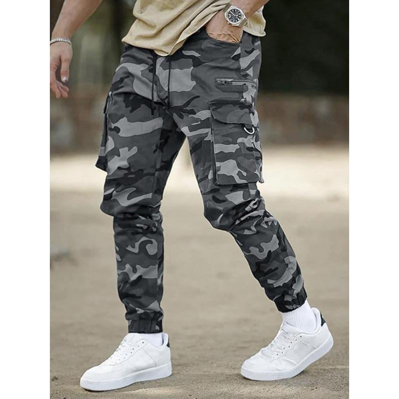 

Men s Casual Cargo Jogger Pants Grey Camouflage Print Elastic Waist Drawstring Multi Pocket S сірий