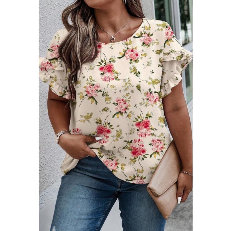 Women's New Summer Round Neck Spliced Ruffle Loose Printed Short Sleeve Tops T-shirt