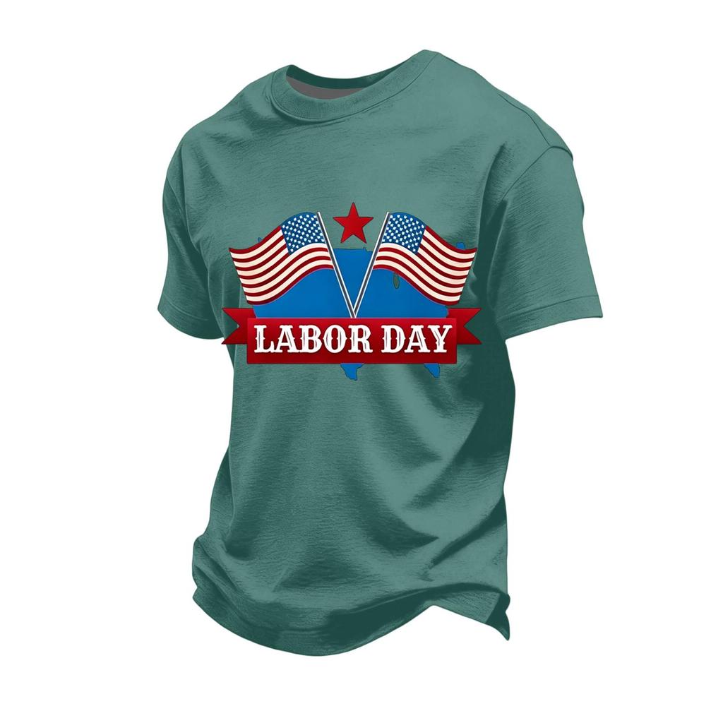 Men's Loose Fit Short Sleeve Casual T-Shirt Labor Day Printed Crew Neck Cotton Blend Top for Everyday Wear