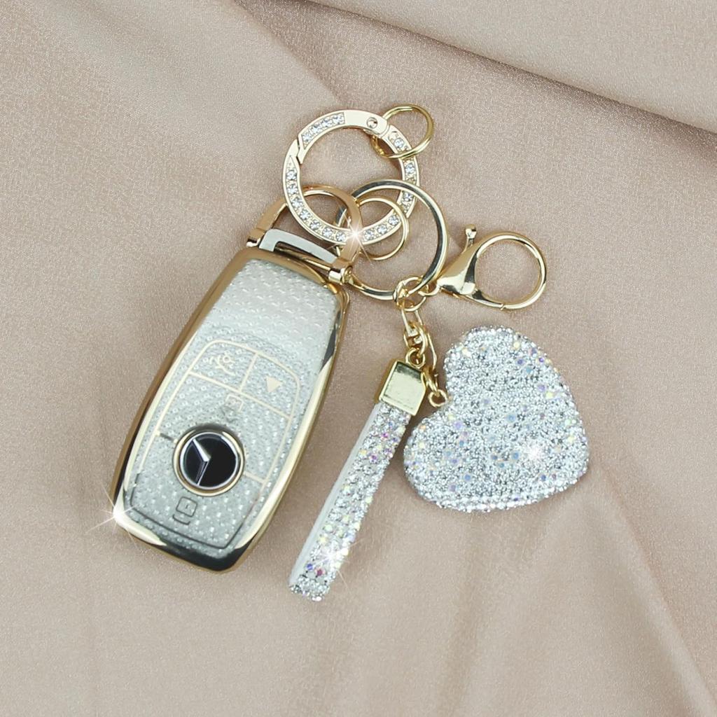 Key Fob Cover with Diamond Keychain for Mercedes Benz Women Car Key Shell Compatible with Benz 2017- E-Class 2018- S-Class - A-Class C-Class G-Class