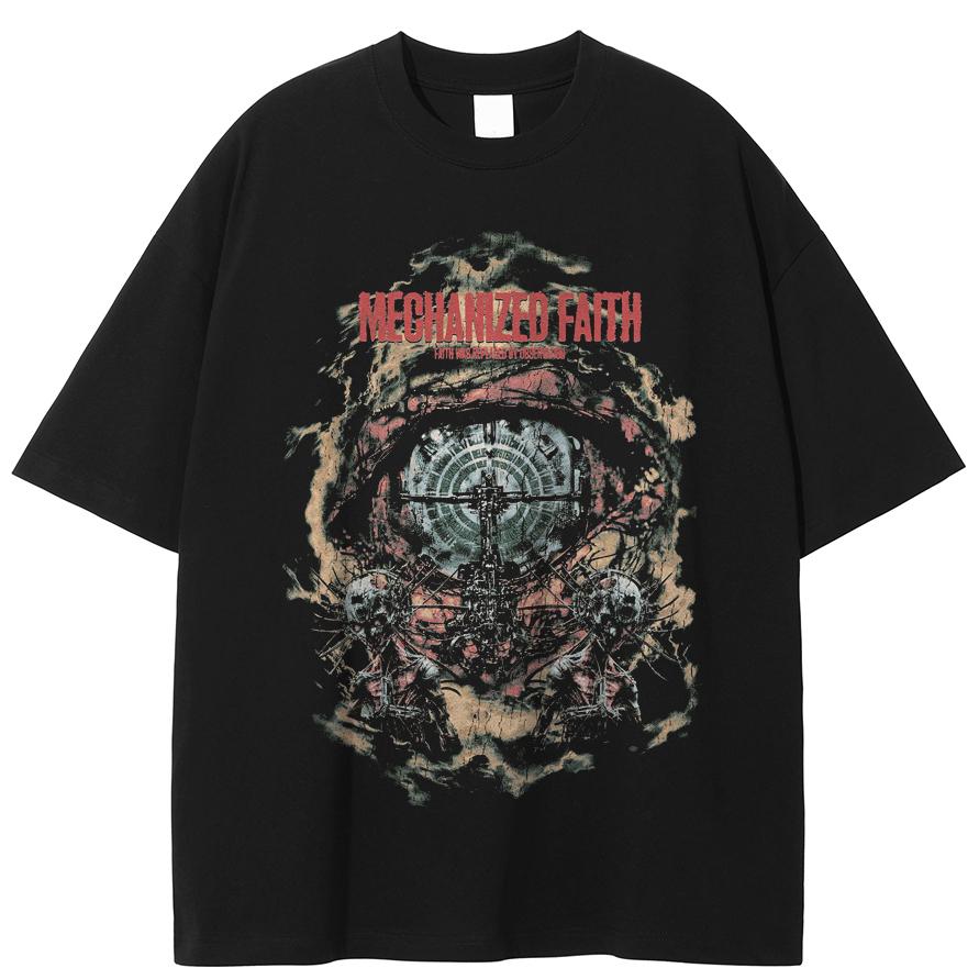 Streetwear Vintage Cross & Skull Print Cyberpunk Graphic Tee  Mechanized Faith  Oversized Grunge Aesthetic T-Shirt M чёрный