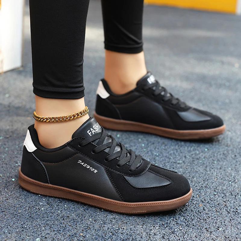 

Мужские туфли-лодочки для ходьбы на шнуровке, повседневные лоферы, женские легкие рабочие модные повседневные дорожные туфли с круглым носком на плоской подошве 36 чёрный