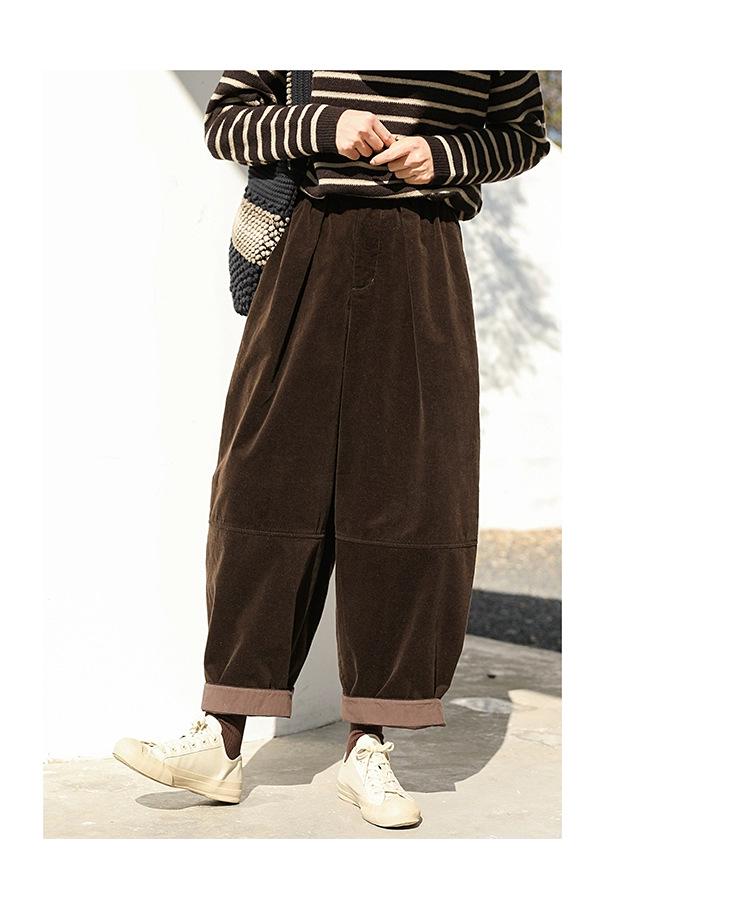 Retro Corduroy Lantern Pants with Ribbed Texture - Literary Style